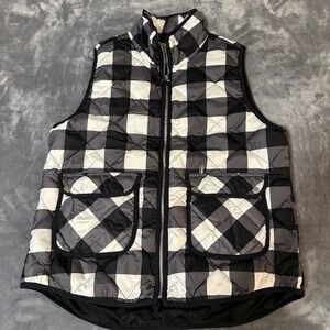 WOOLRICH Womens Large Quilted Duck Down Filled Vest Black White Plaid Full Zip